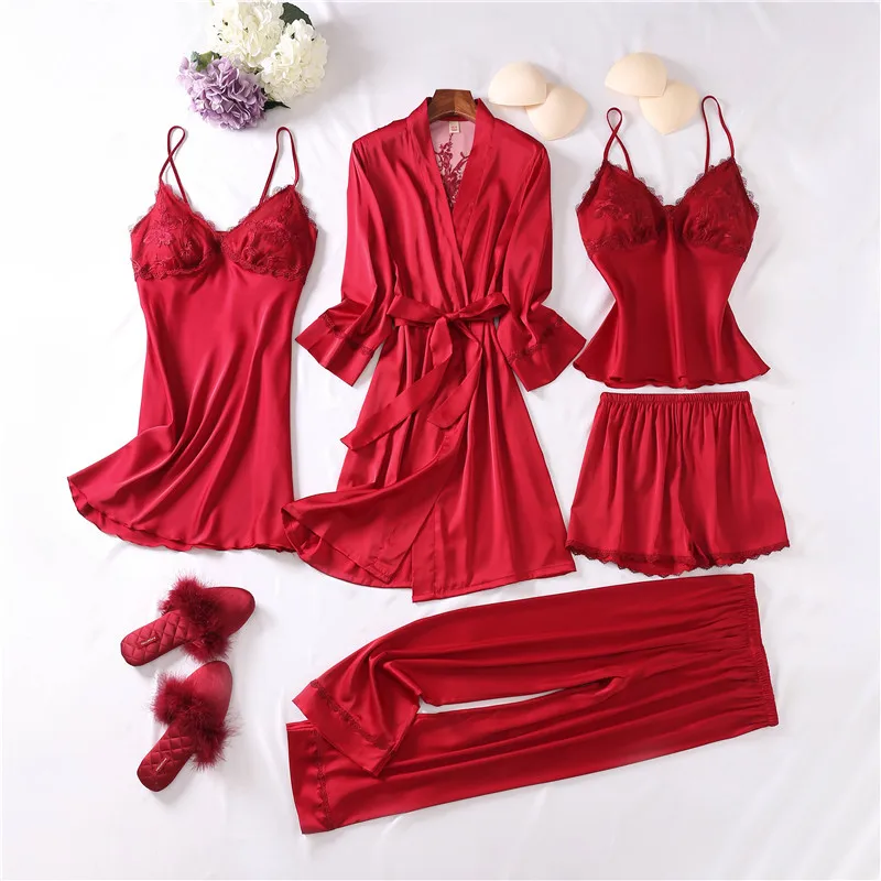 Sleepwear With Lace Women Pajamas Set Sexy 5 Pieces Robe Suit Kimono Gown Sexy Loungewear V-neck Bathrobe Lingerie Nightwear