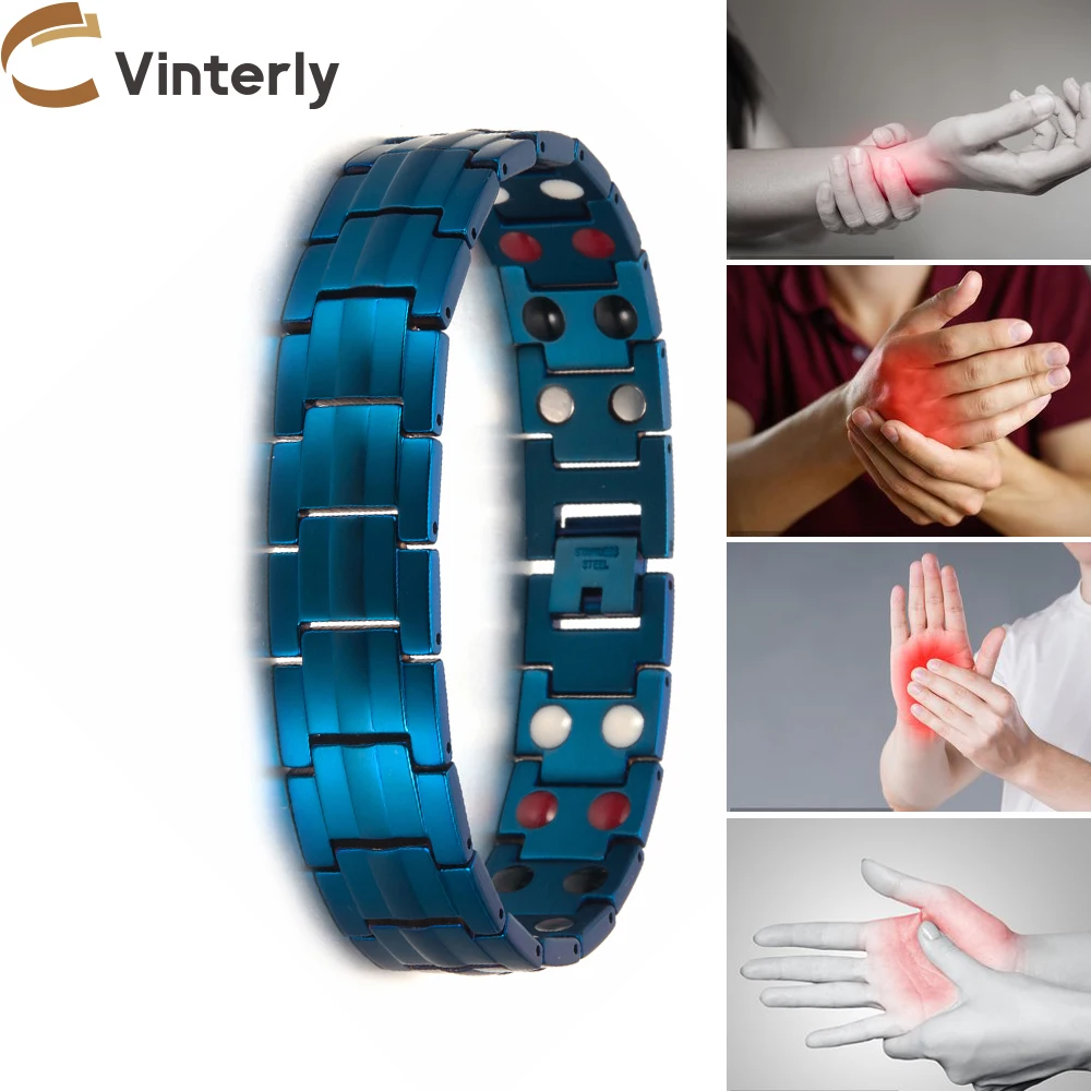 Vinterly الأزرق المغناطيسي سوار الرجال سلسلة اليد ربط الفولاذ المقاوم للصدأ الرجال سوار الطاقة الصحية الجرمانيوم الهولوغرام أساور رجالي