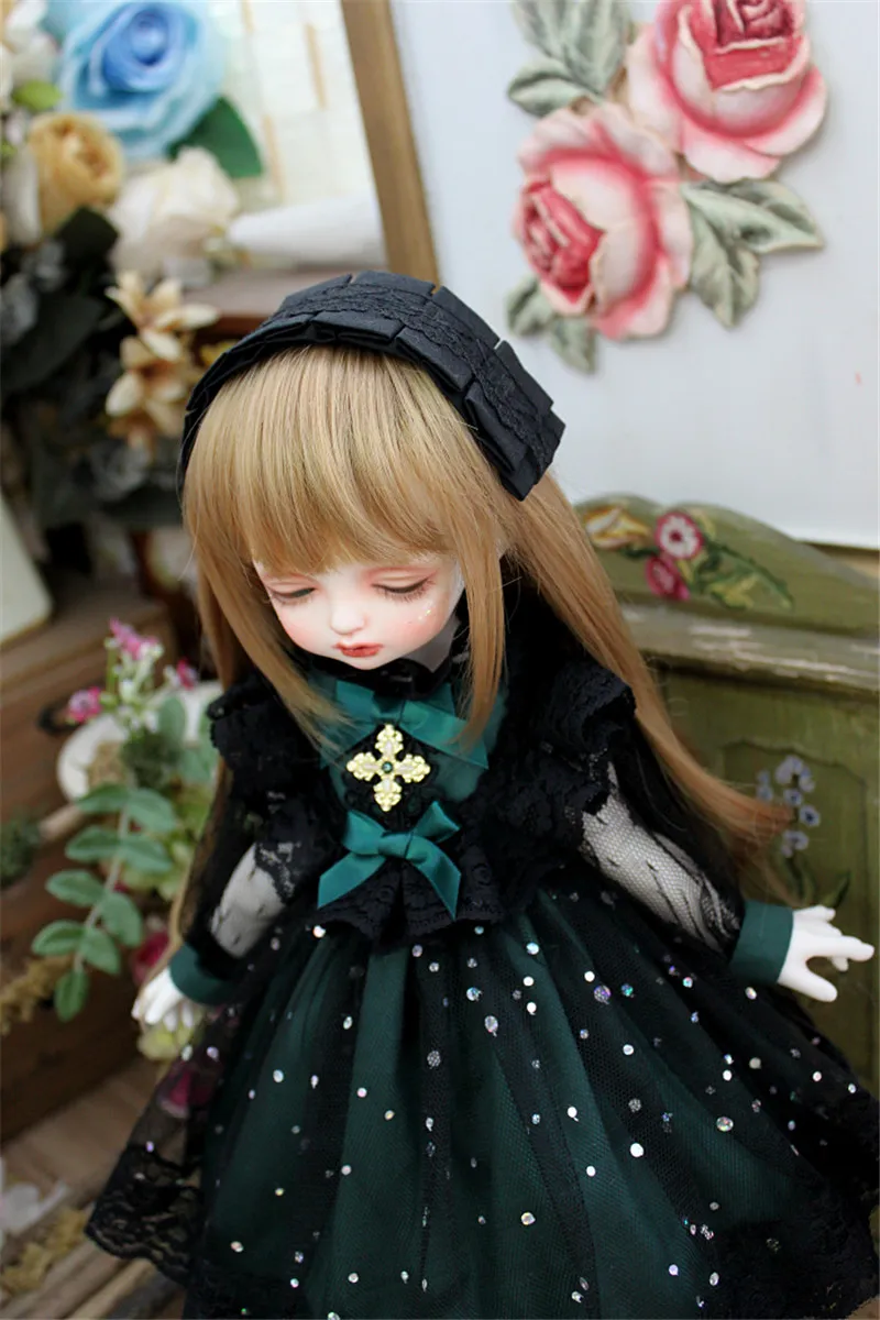 

BJD Doll clothes suitable for 1/3 1/4 1/6 Blythes Size Dark Green Vintage Dark Black Dress Doll Fittings (Skirt + Tiara)