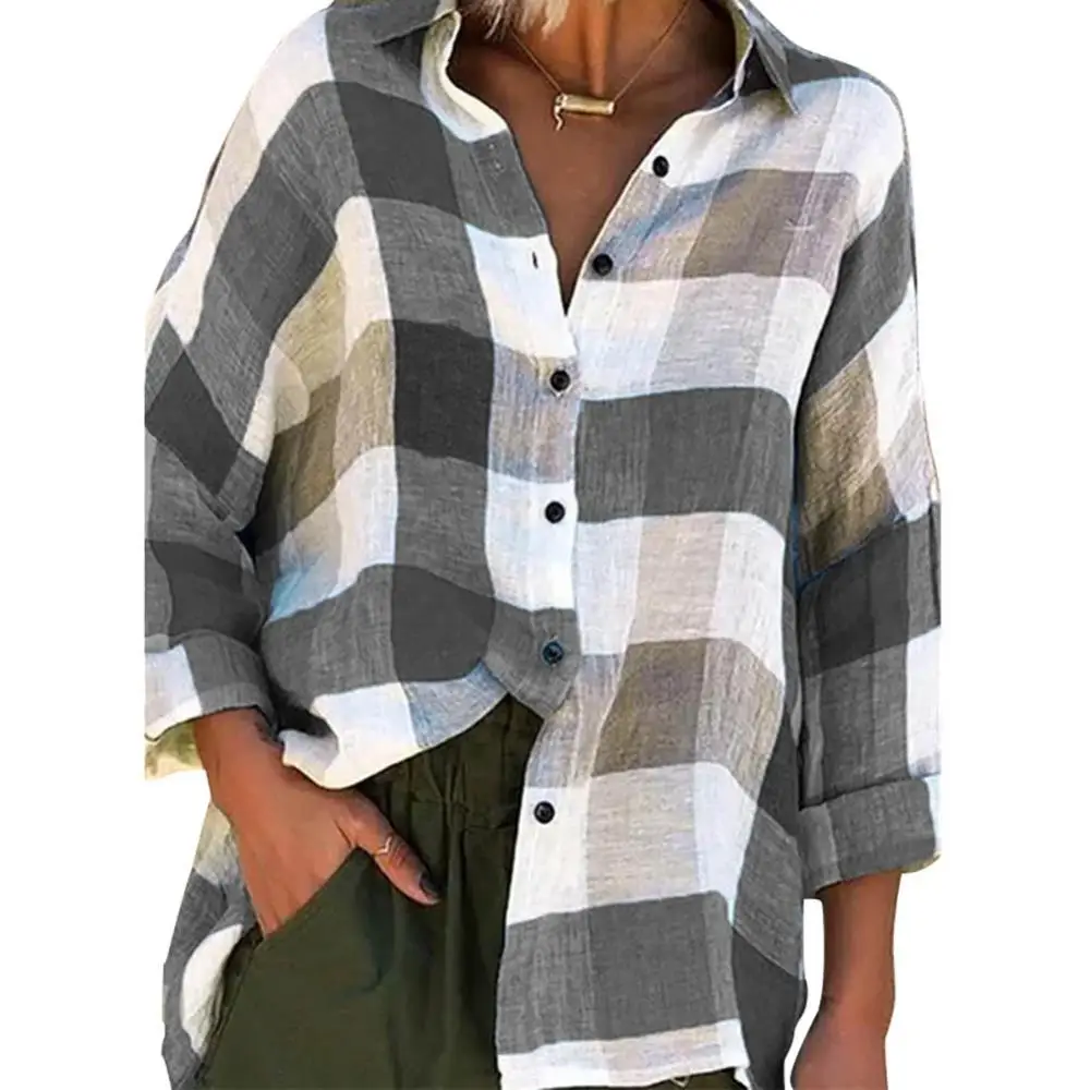 Fashion Women Shirts Turn Down Collar Check Plaid Buttons Shirt Top Lady Long Sleeve Loose Blouse рубашка женская 2022