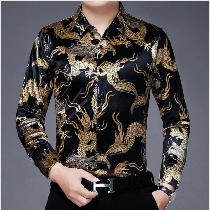 Oversized Flannel Luxury Man Clothes Green Velvet Blouse With Dragons For Mens Velour Shirts Red Winter Dress 2022 Fashionable