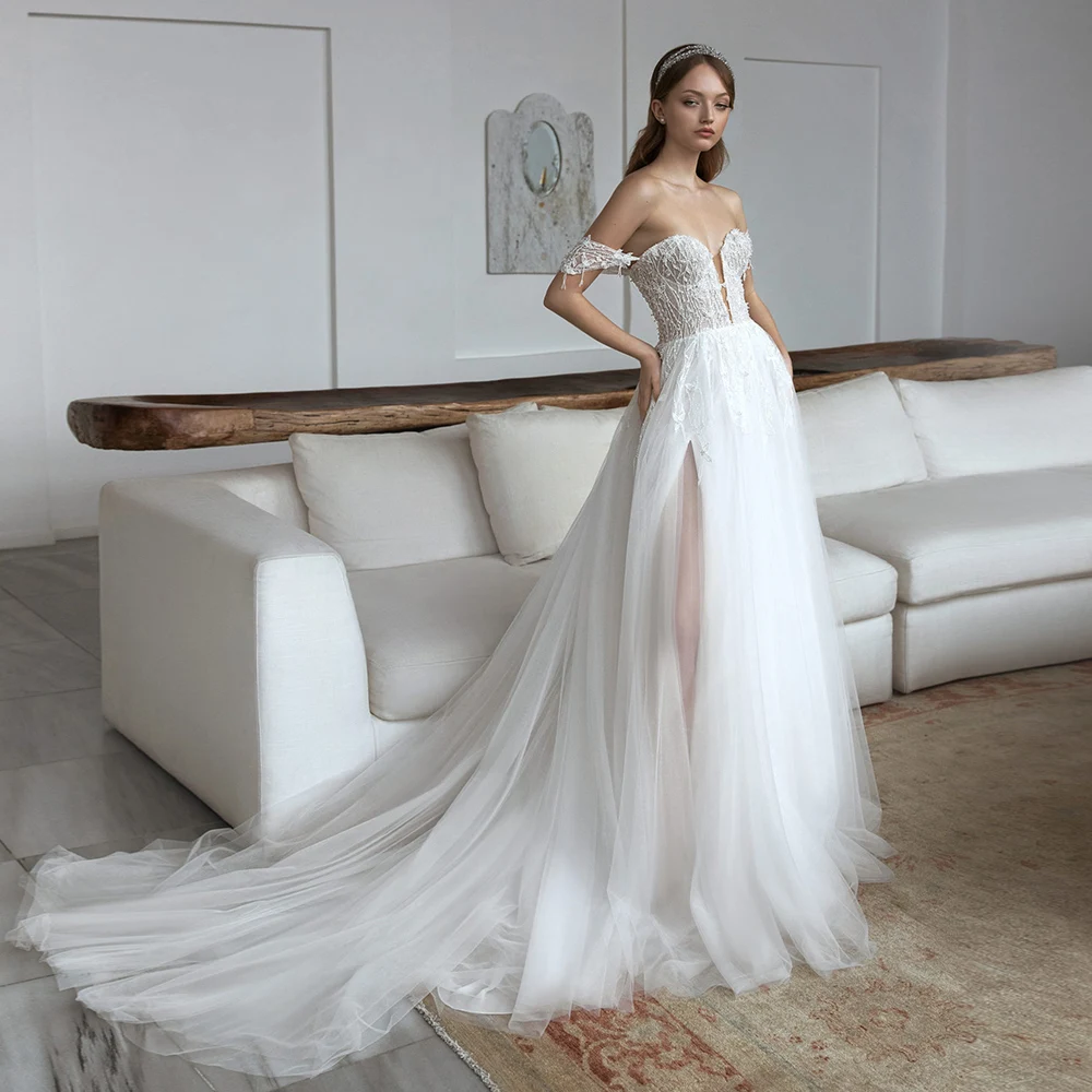 Robe de Mariée Sexy en Tulle avec Fente Latérale, Dos aux, Dentelle Appliquée, pour Patients, Quelle que soit la Traîne en Brosse Personnalisée, 2025