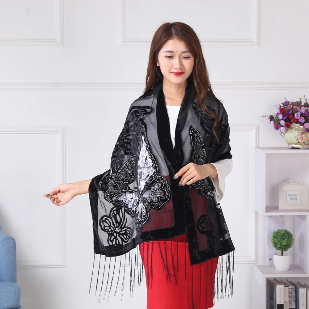 Butterfly Velvet Scarves Women Long Shawls Scarf Luxury Burnout Echarpes Foulards Femme Wrap Bandanas