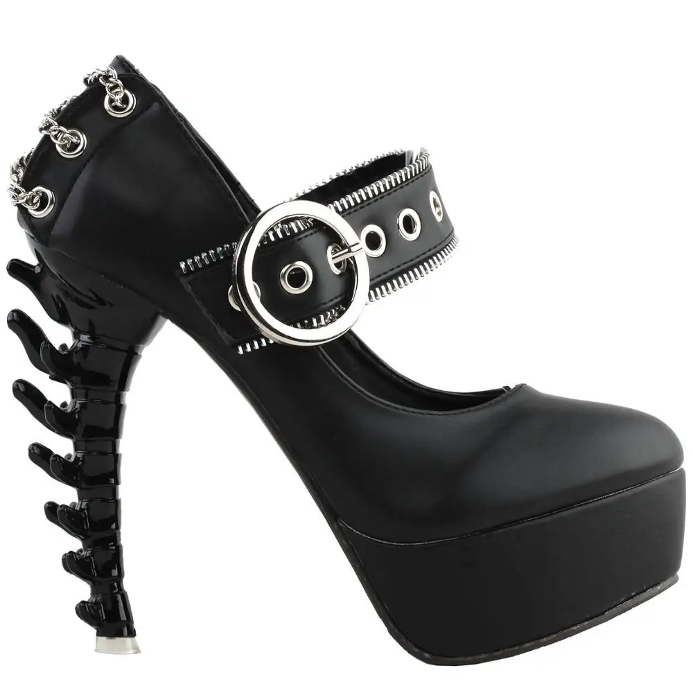 LF80715 SHOW STORY Retro Black Buckle Metal Chain Zip Mary-Jane Gladiator Platform Bone Heels Pumps