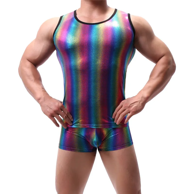 Sexy Men Tanks Tops Pants Boxer Shorts Rainbow Striped Male Stage Performance Costumes Gay Singlet Undershirts Lingerie Clubwear