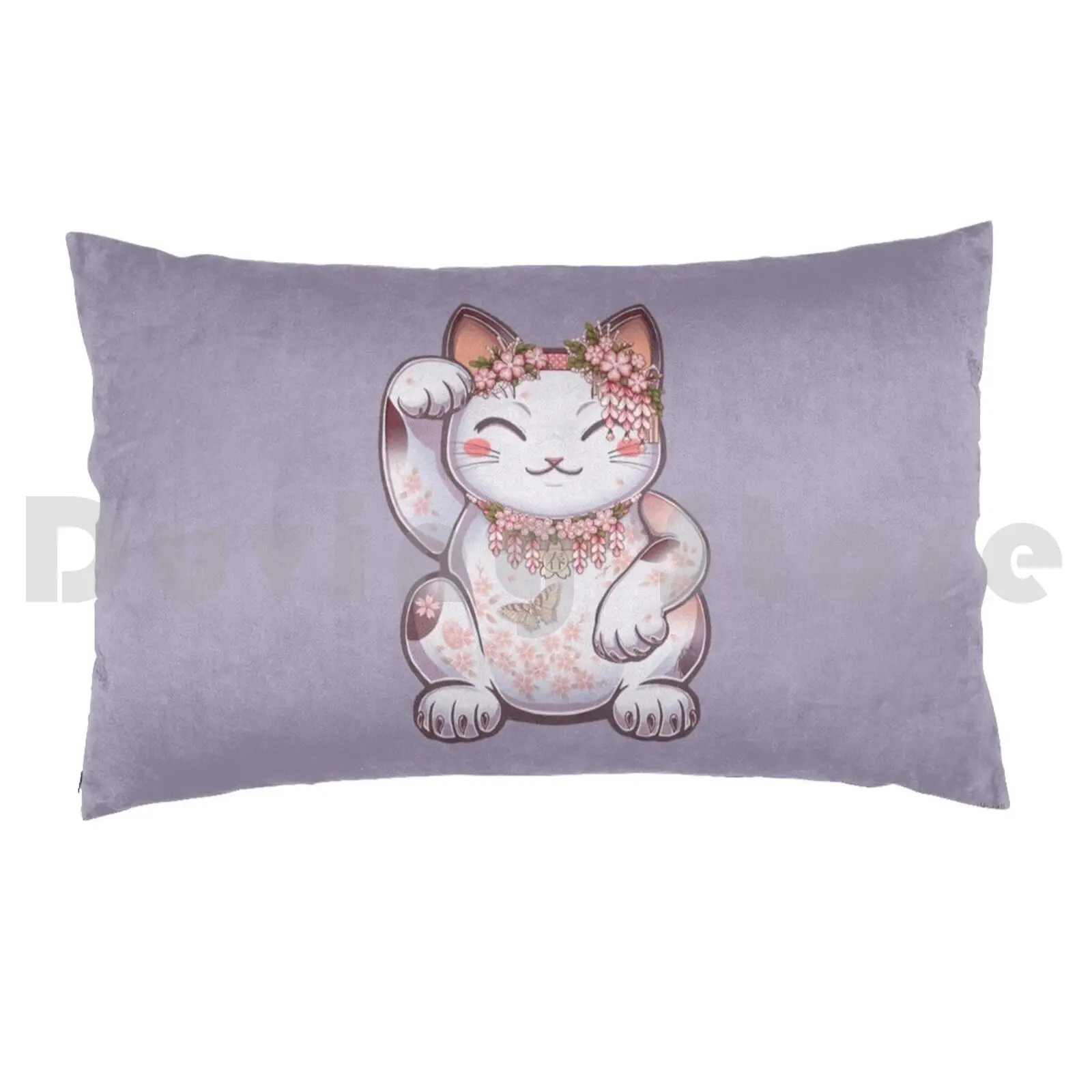 Hanami Maneki Neko : Shun Pillow Case 20*30 Inch Hanami Maneki Neko Beckoning Lucky Cat Pattern Floral Kawaii