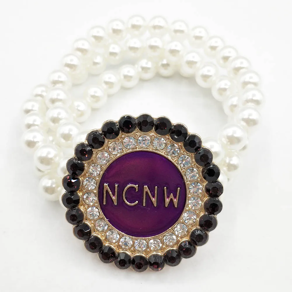 Hand Made Greek Sorority Elastic Line White Pearl Purple Rhinestone NCNW Letter Charm Multilayer Bracelet Women Jewelry