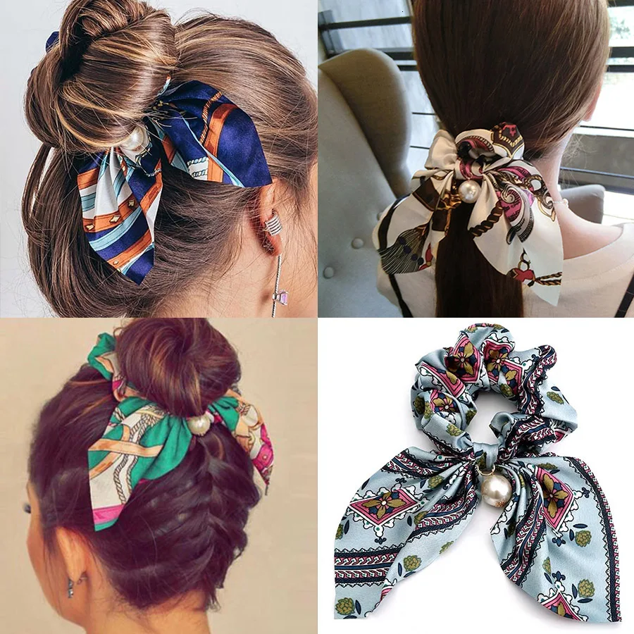 Fashion Bowknot Ponytail Holder Elastic Hair Bands for Girls Flower Printing Hair Accessories Women Hairband Ribbon Headwear