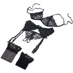 Conjunto de lingerie feminina de renda, 4 peças, sutiã aberto, sexy com calcinha de liga, conjunto de sutiã push up, roupa íntima transparente erótica, meias líquidas