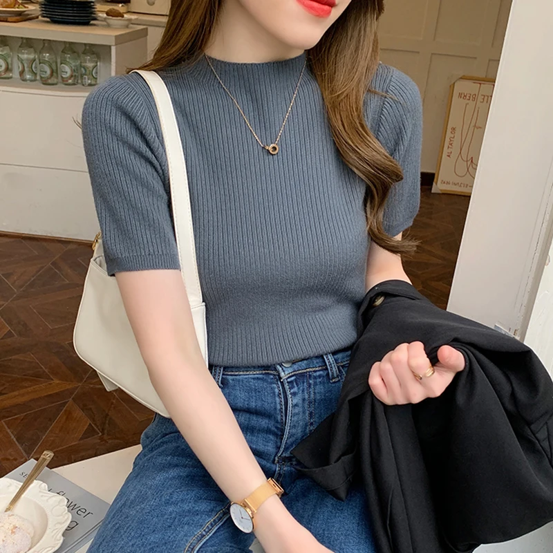 2024 Summer Knitted Thin Sweater Pullovers Korean Half Sleeve Turtleneck Sweater for Women Slim Jumper Tops Office Lady