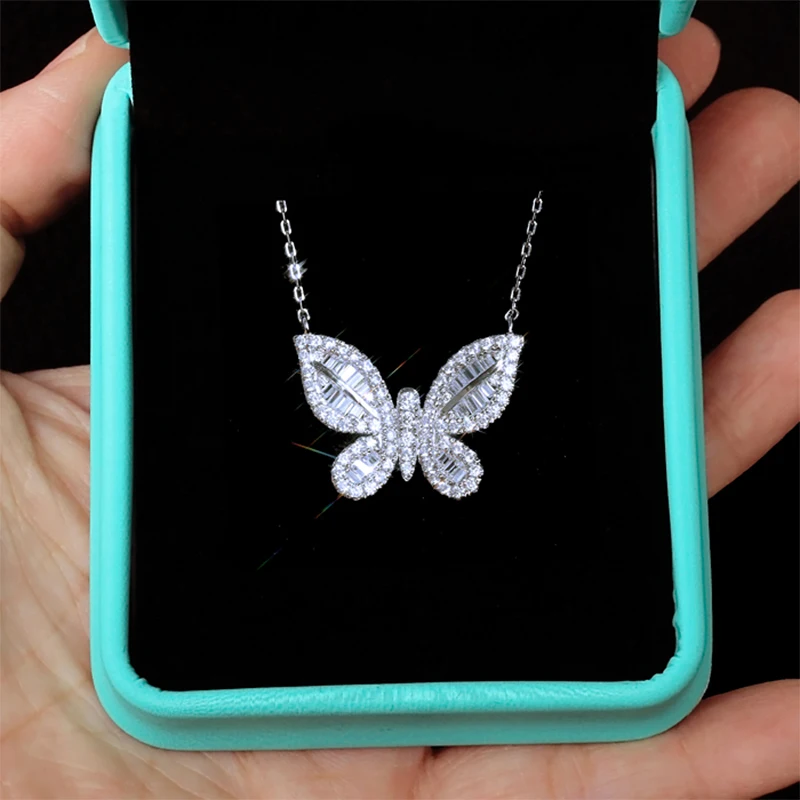 Huitan Butterfly Pendant Women Necklace Chain Shiny Wedding Engagement Party Necklace Statement Jewelry for Valentines Gift