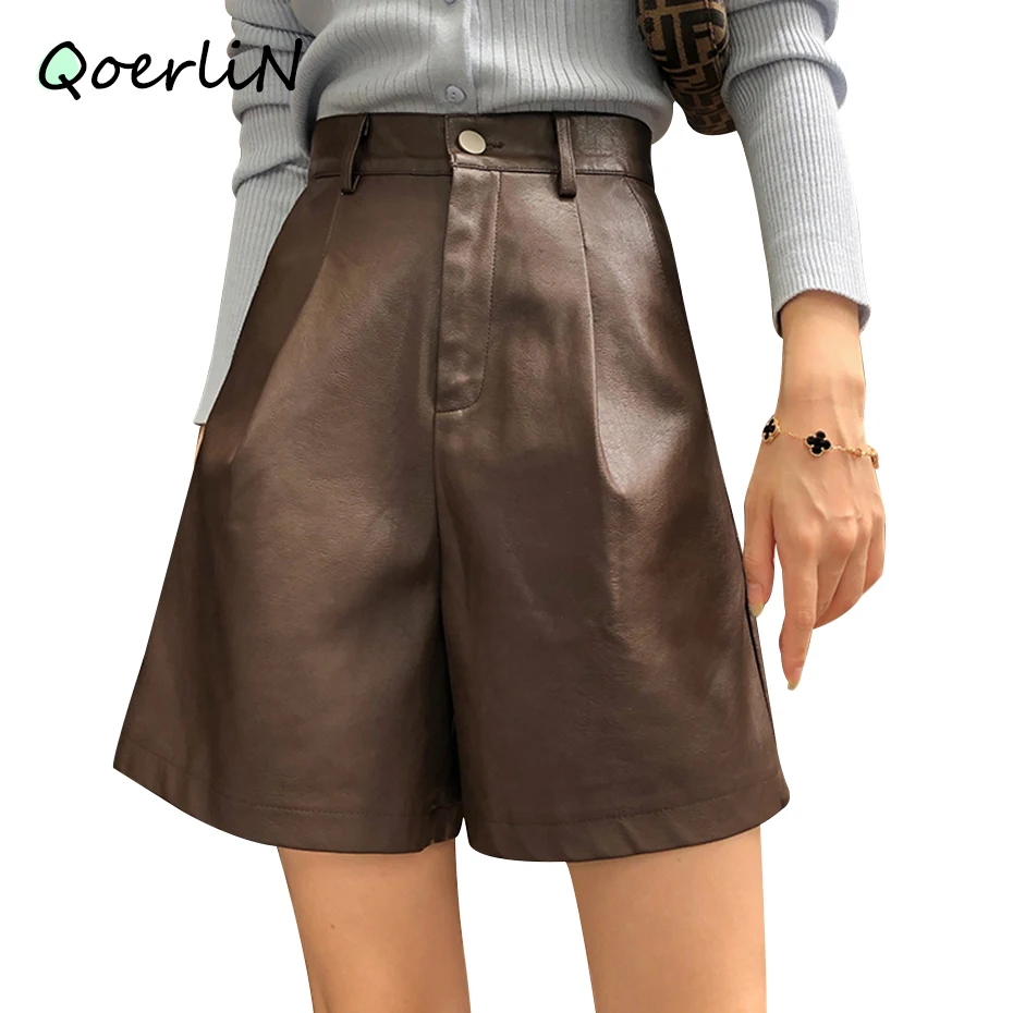 QOERLIN Women Black Pu Leather Shaped Elegant Wide Leg Shorts High Waist Trousers Fashion Tide 2024 New Pocket Bermuda Shorts