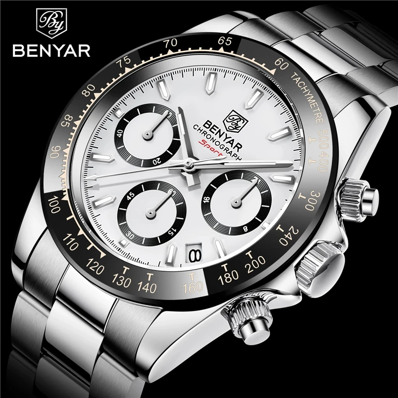 BENYAR New Luxury Men Sports Wristwatch Top Brand Stainless Steel Waterproof Multifunction Chronograph 40mm Quartz Watch for Men