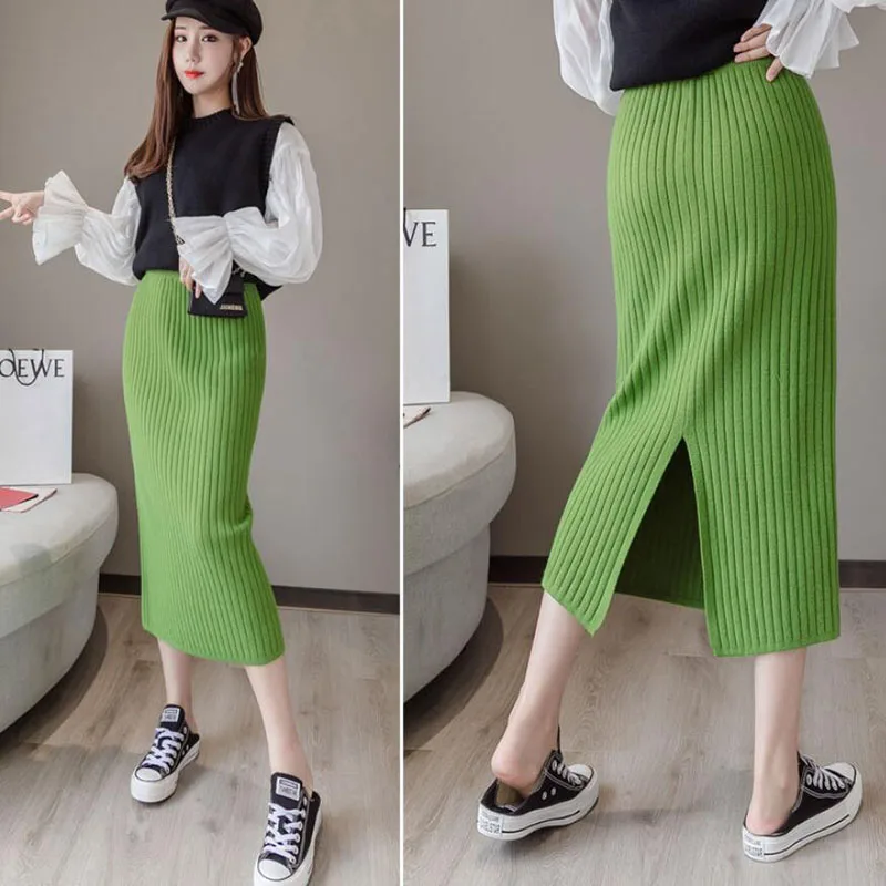 Women Autumn Winter Knitted Midi Skirt High Waist Warm Elegant Knitting Ribbed Black Skirts Female Sexy Split Office Skirts