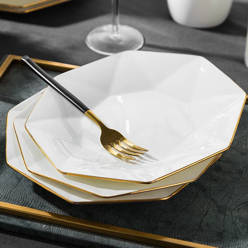 Bone china tableware set Jingdezhen Ceramic tableware set gold rimmed bowls and plates octagonal gold drawing set tableware gift