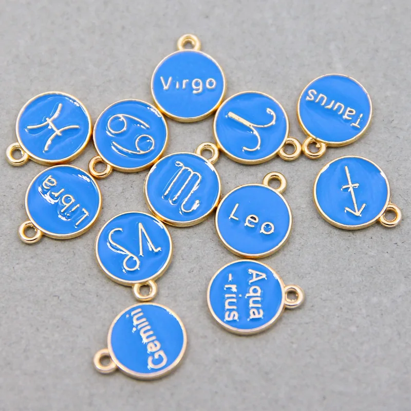 12pcs lega a doppia faccia 12 costellazione lago smalto blu Charms segno zodiacale pendenti collana fai da te per gioielli che fanno Accessori