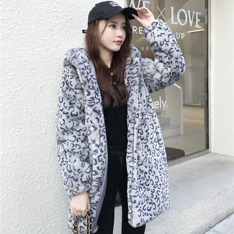 Korean Fashion Winter Thick Warm Gray Leopard Hooded Faux Fur Coat Women Long Overcoat Casual Loose Coath Fur Jacket Female