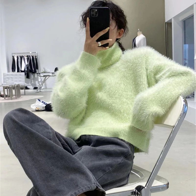 JSXDHK Korean Chic Autumn Winter Turtleneck Mohair Sweaters New Women Light Green Mink Cashmere Warm Soft Short Loose Pullover