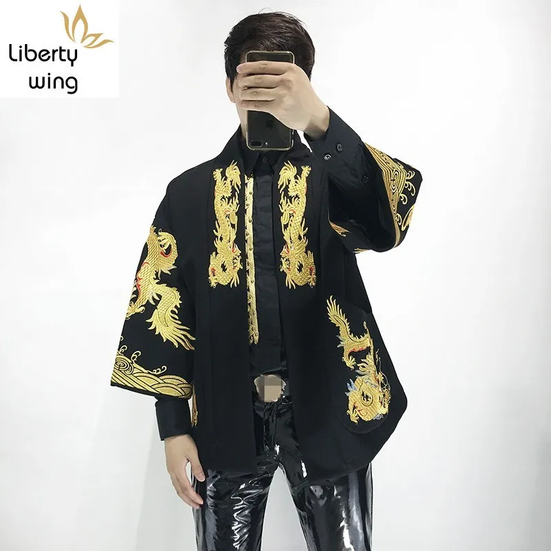 Embroidered Dragon Jacket Men Vintage Stand Collar Loose Outerwear Male Streetwear Chinese Style Hip Hop Clothes Short Coat M L