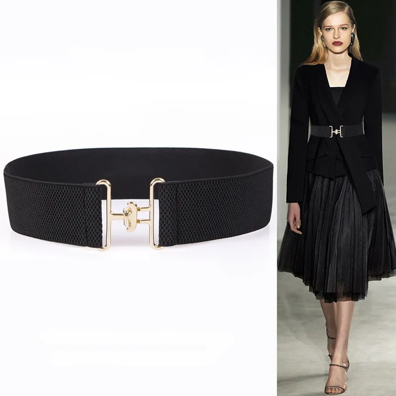 Gold Simple Alloy Buckle Belts Lady Wide Elastic Waistbands For Dress Solid Black Stretch Strap Cummerbunds Party Skirt Decorate