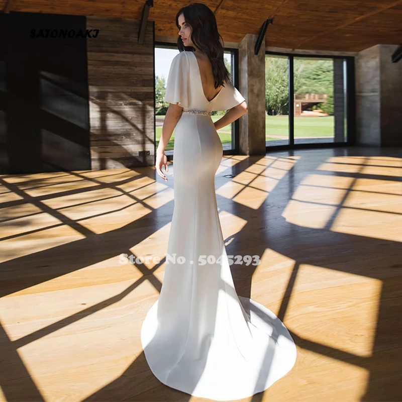 Robe De mariée sirène Sexy et élégante pour femmes, col en V, ceintures à perles, longueur au sol, dos nu, 2021