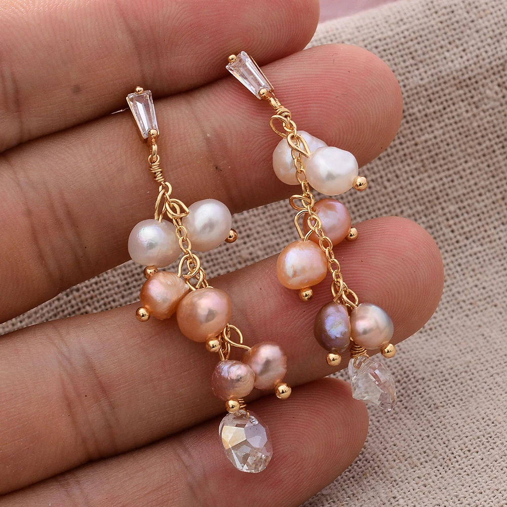 Original Handmade 14K Gold Filled Natural Freshwater Pearl Shine Crystal Grape Ladies Tassel Stud Earrings Hot Sell Jewelry