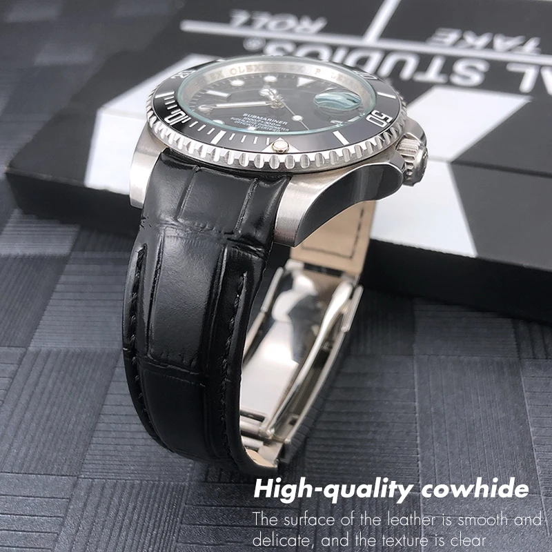 20mm Curved End Quality Genuine Leather Role Watch Band Suitable for Rolex Submariner GMT Hulk Green Cowhide Strap Wristband