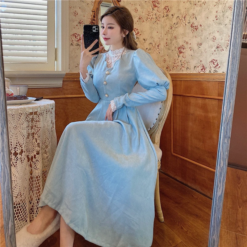 Elegant Woman Blue Dress Vintage French Style Puff Sleeve Half High Collar  Patchwork Lace Retro Princess Dresses Vestido Festa - AliExpress 200000345