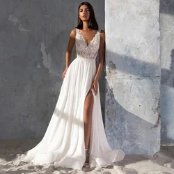 Jiayigong Beach Wedding Dress Robe De Mariee Customized Double V Neck Glitter Lace Flowers Slit Custom Plus Size Bridal Gowns