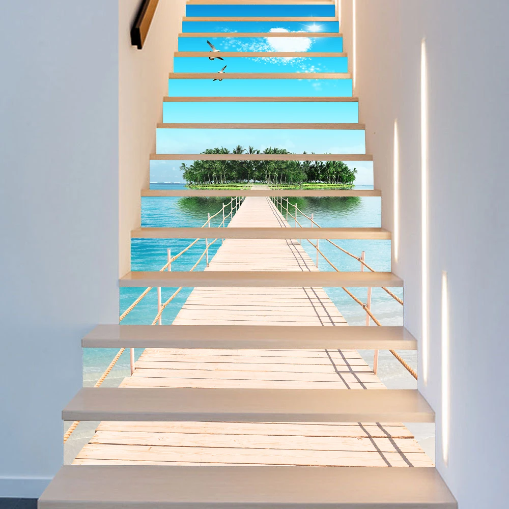 Island Scenery Diy Staircase Sticker Self-adhesive Oil-proof PVC Wall Sticker For To The Second Floor Decorative Art Wall Decals
