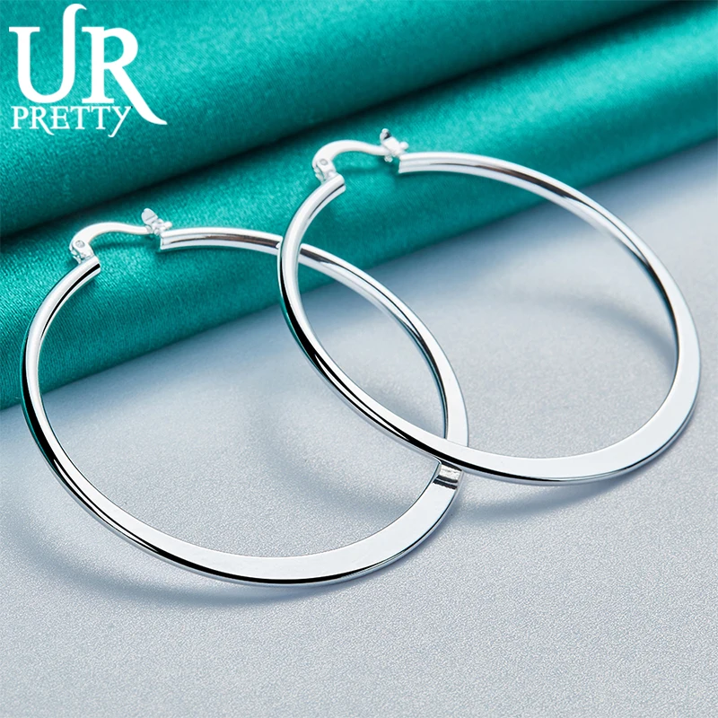 UPRETTY New 925 Sterling Silver 55mm Smooth Round Hoop Earring For Women Lady Party Wedding Engagement Charm Jewelry Gift