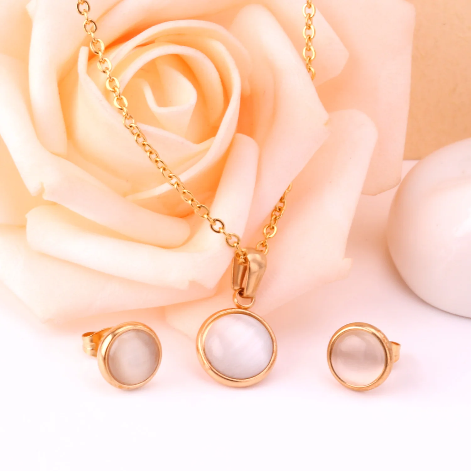 LUXUKISSKIDS Exquisite Round Opal Shell Dubai Jewelry Sets Wedding Bridal Luxury Pendant Necklace Earings Set Fashion Pink Stone