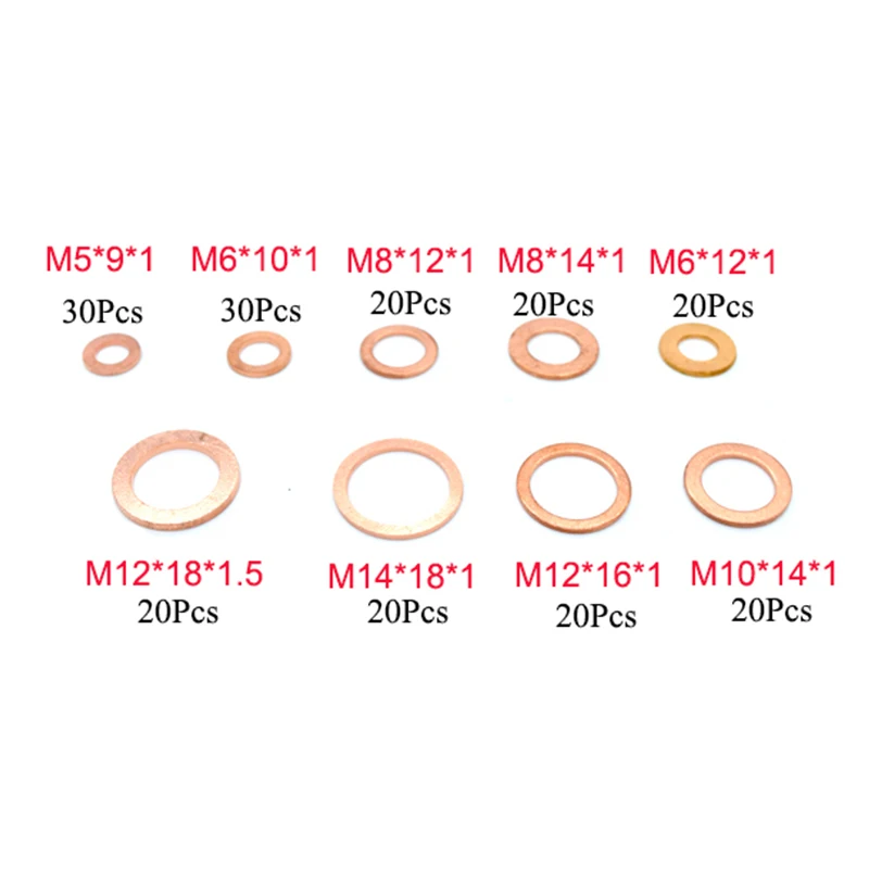 200Pcs Copper Washer Gasket Nut and Bolt Set Flat Ring Seal Assortment Kit With Box M5/M6/M8/M10/M12/M14 for Sump Plugs Water