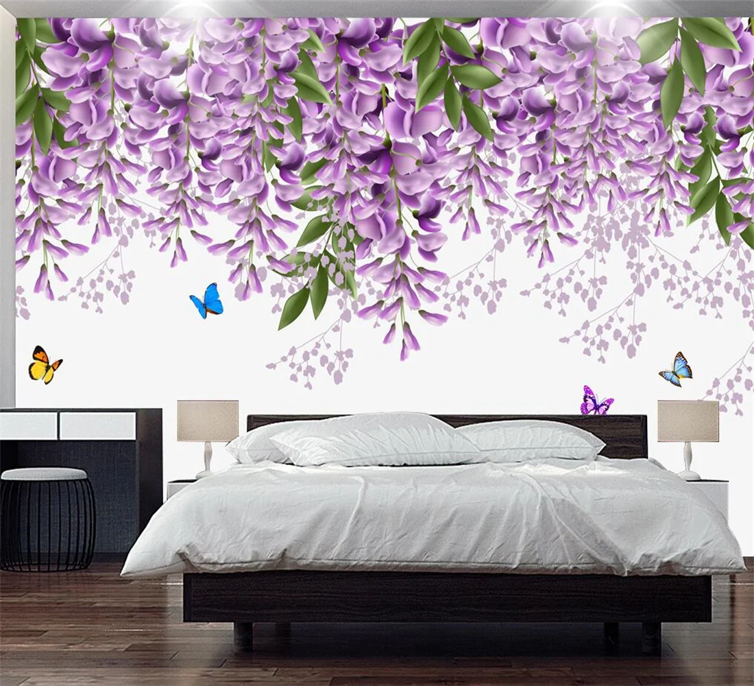 Custom wallpaper Purple wisteria flowers butterfly mural home decoration rainforest plant leaf painting background 3d wallpaper