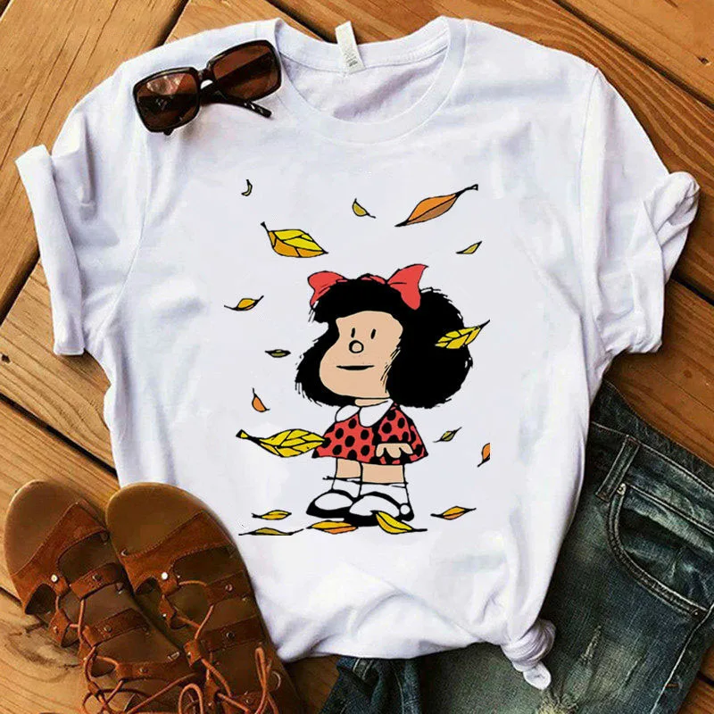 

Женская футболка Mafalda, модная футболка с мультяшным принтом, Женская Повседневная футболка с графическим принтом в стиле Харадзюку, Милая женская футболка с коротким рукавом