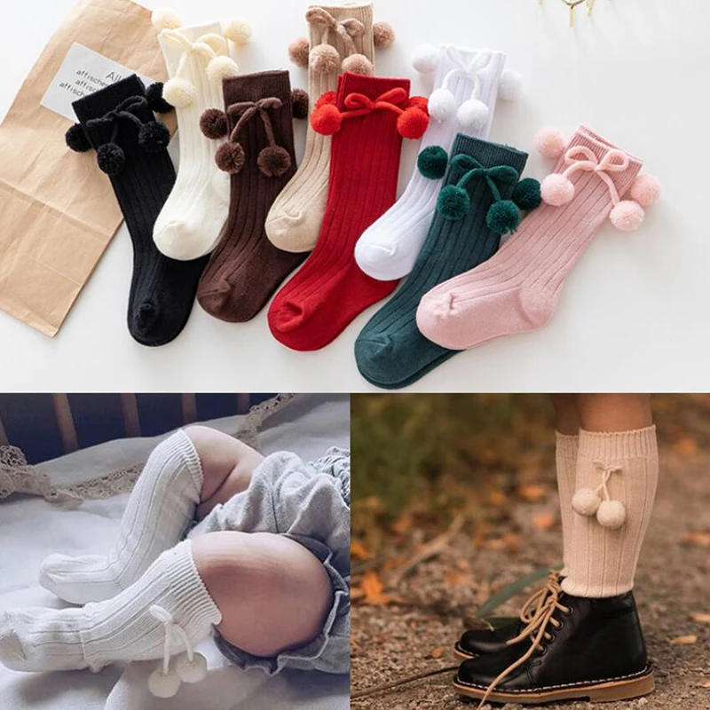 13 Colors Unisex Children Knee High Socks Cherry Ball Toddlers Baby Long Socks For Girls Boys Kid Knitted Sock 0-4Years