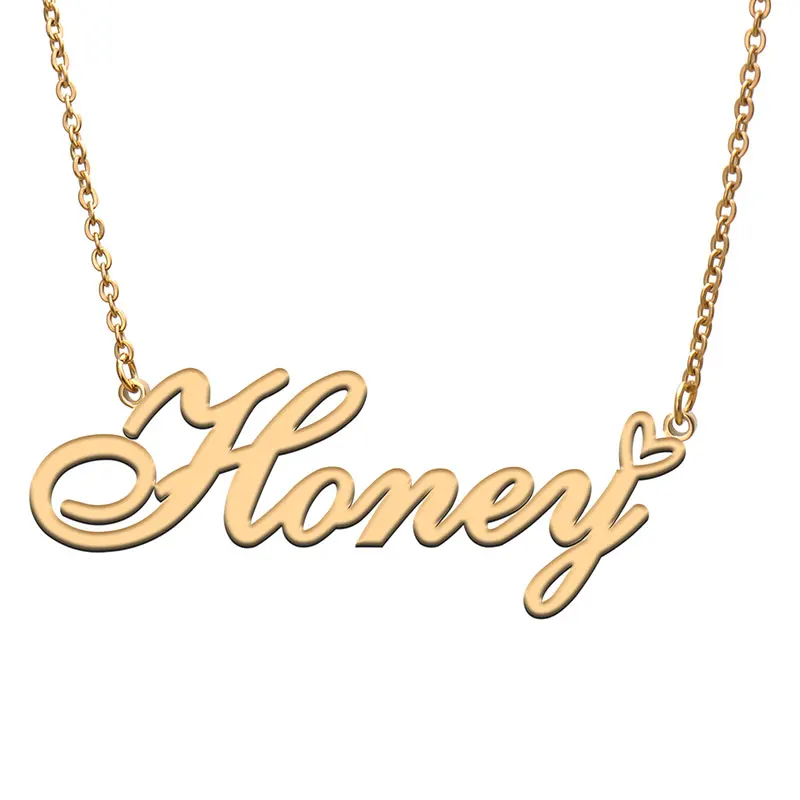 

Honey with Love Heart Name Necklace for Women Stainless Steel Jewelry Nameplate Pendant Femme Mother Child Girls Gift