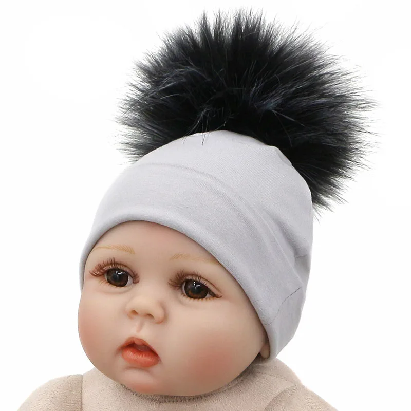 GZHilovingL Soft Cotton Faux Fur Pompom Beanies Hats For Newborn Baby Boys Girls Autumn Winter Kids Infants Toddler Baby Hats