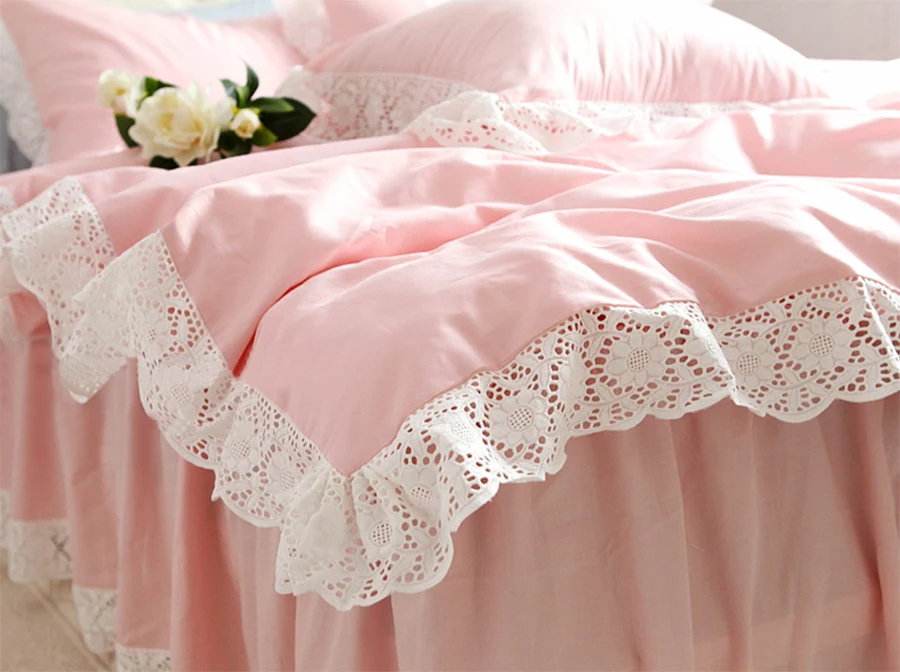 Pink lace bedding sets girl,princess fairyfair elegant twin full king queen bedclothes cotton bedspread pillowcase duvet cover