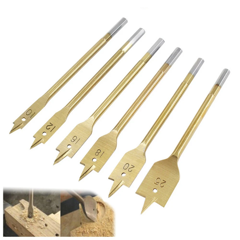 6Pcs ไทเทเนียม Hex Shank Drill Bit แบนเจาะชุด Bit 3-Point Woodworking Hole เปิดรู10/12/16/18/20/25มม.