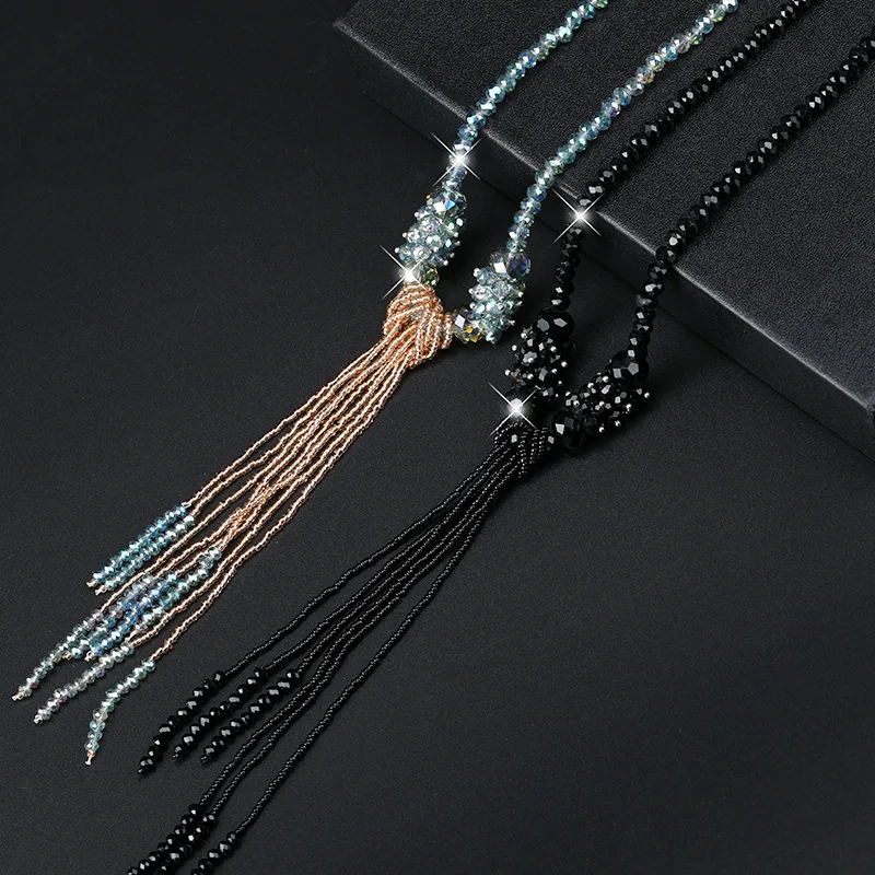 New Women Graceful Crystal Beads Strand Necklace Fashion Joker Long Tassel Sweater Chain Kpop Big Name Jewelry