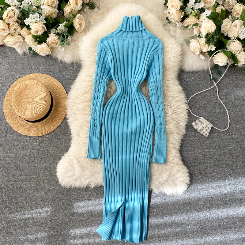 Knitted Turtleneck Women\'s Dress Autumn 2021 Fashion Screw Thread Warm Slim Straight Long Dress Spring Elegant Female Clothing