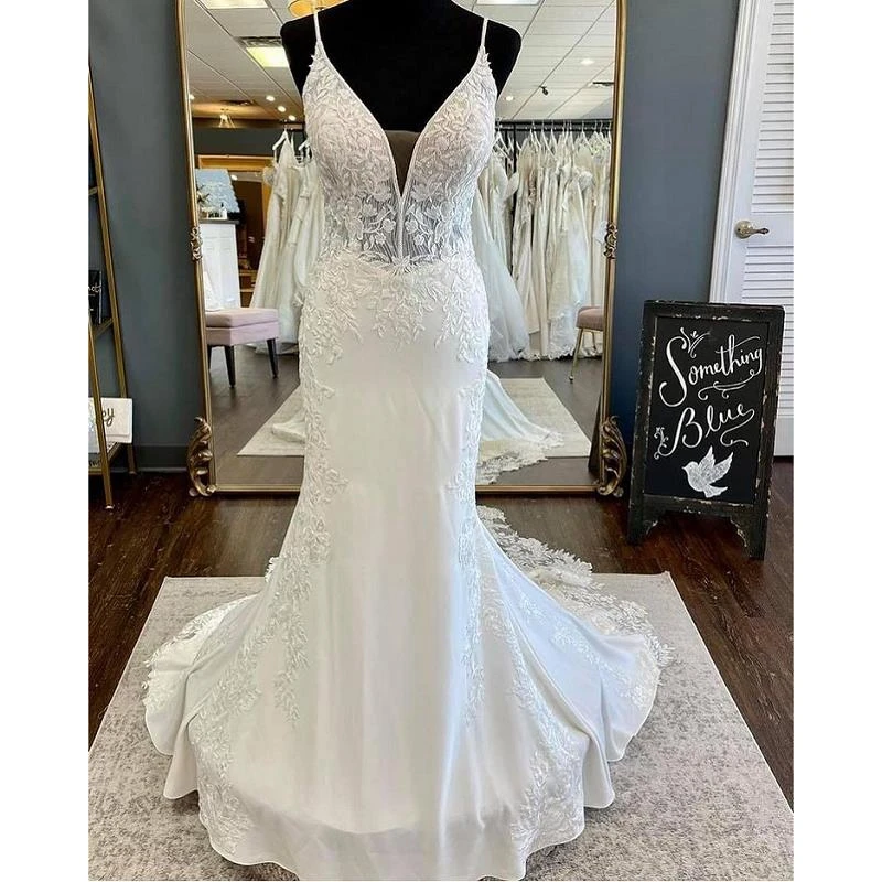 

Ivory Lace Chiffon Satin Beading Spaghetti Straps V-Neck Floor-Length Mermaid/Trumpet Wedding Dresses Chapel Train Custom Made