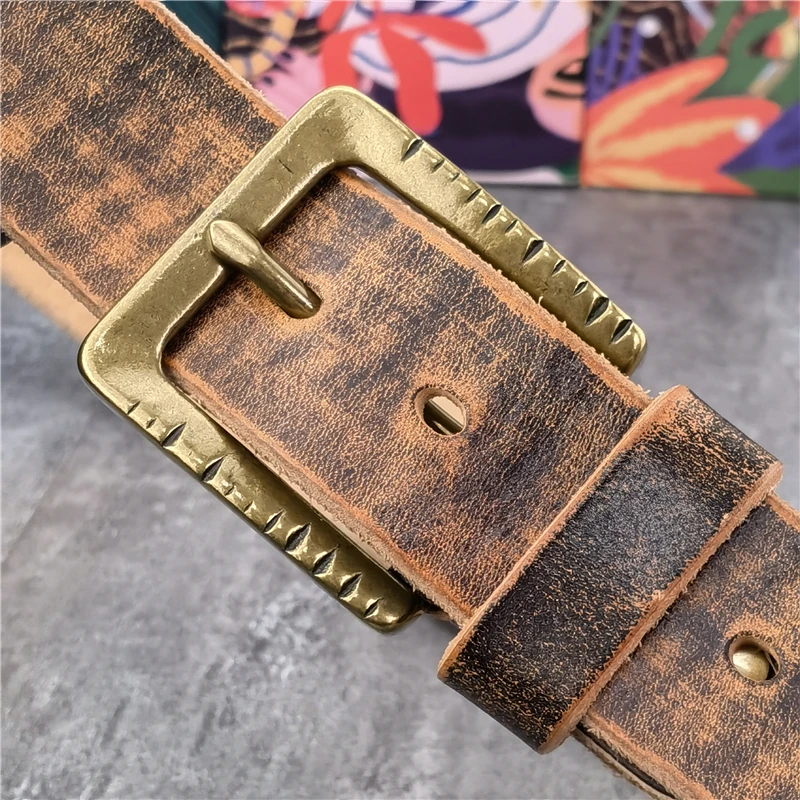 Retro Brass Belt Buckle Top Thick Genuine Leather Belts For Men Cowboy Jeans Long Men\'s Belt Ceinture Waist Belt Male MBT0542