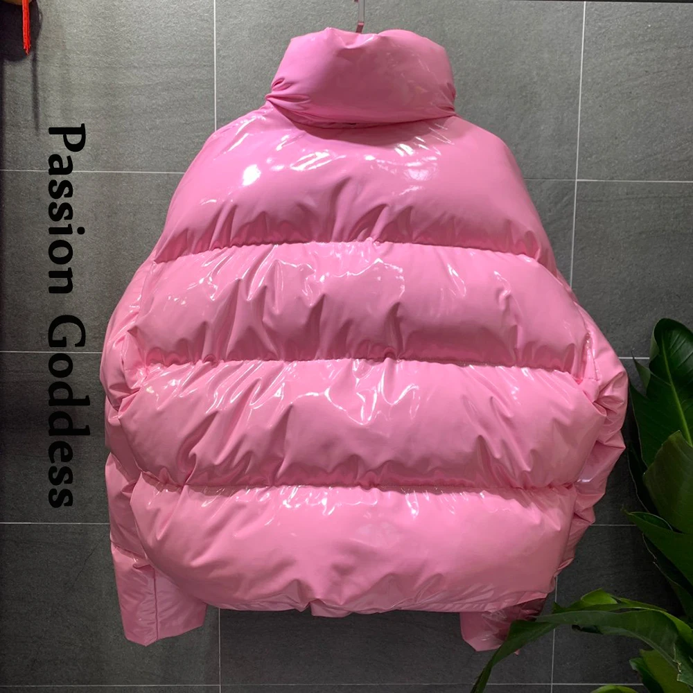 Winter Women Bright PU Pink Puffer Jacket Thick Bubble Coat Zipper Glossy Leather Down Parka Outerwear Stand Collar Loose Jacket