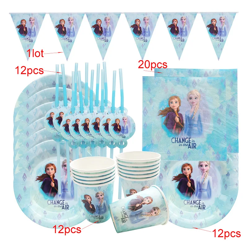 57pcs Suitable For 12 People Frozen Theme Party Anna Elsa Princess Tableware Set Total Children Birthday Party Supplies Decor