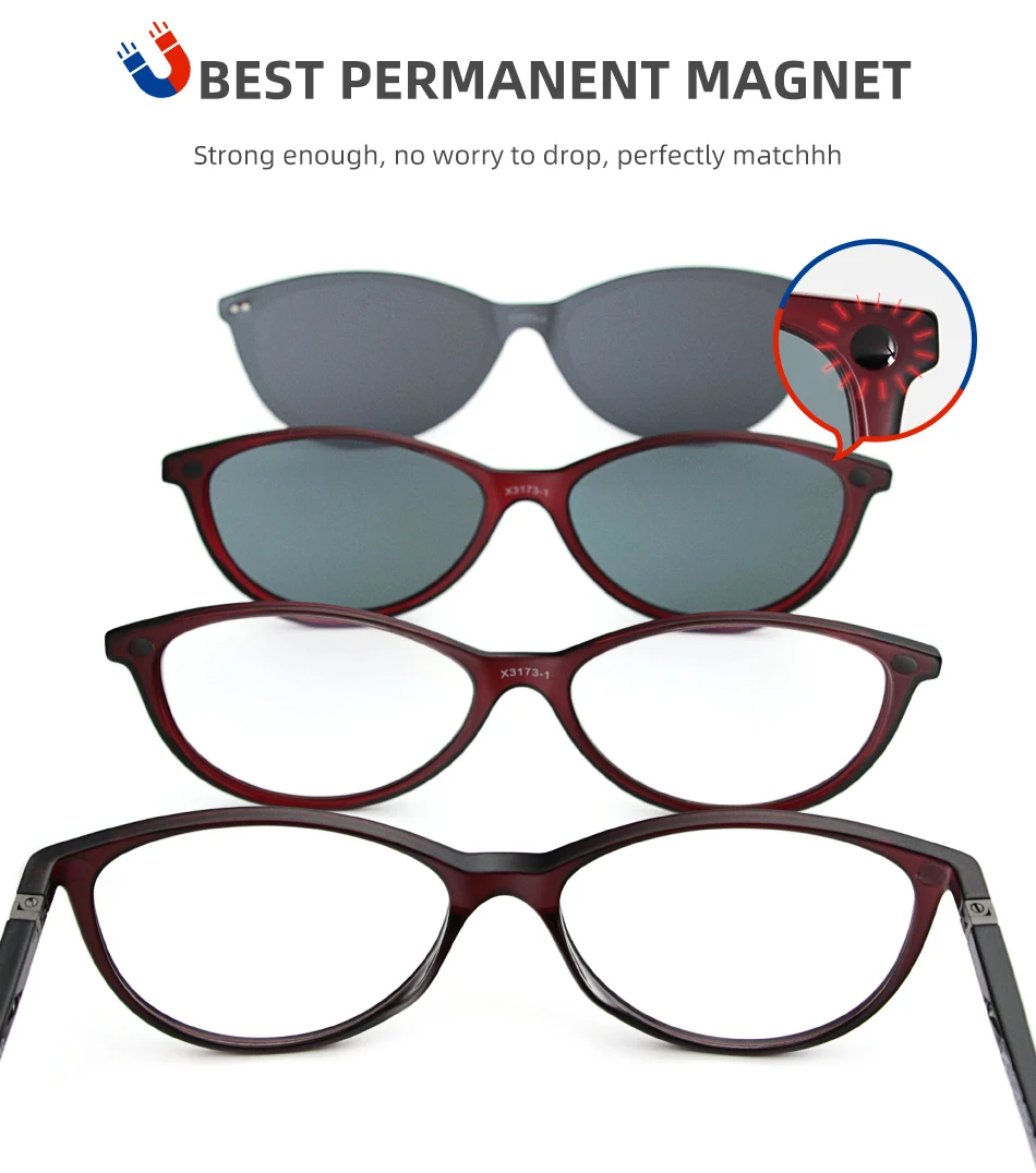 X3173 Polarisierte Magnet Clip Auf Sonnenbrille Frauen Retro Cat Eye Rezept Sonnenbrille Für Frauen UV400 Myopie Optische Brillen – Detail 4