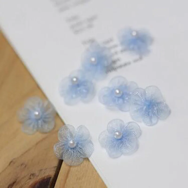 5pcs Round 1.5cm 3D Five-petal Pearl Sunflower Flower yarn patches DIY sewing applique dress wedding Hairpin Christmas decor