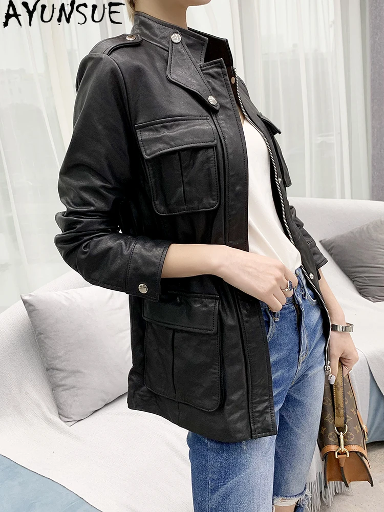 AYUNSUE 100% Real Leather Jacket Women Vintage Sheepskin Coat Spring Autumn Motorcycle Biker Jackets Women Veste Cuir Femme KJ