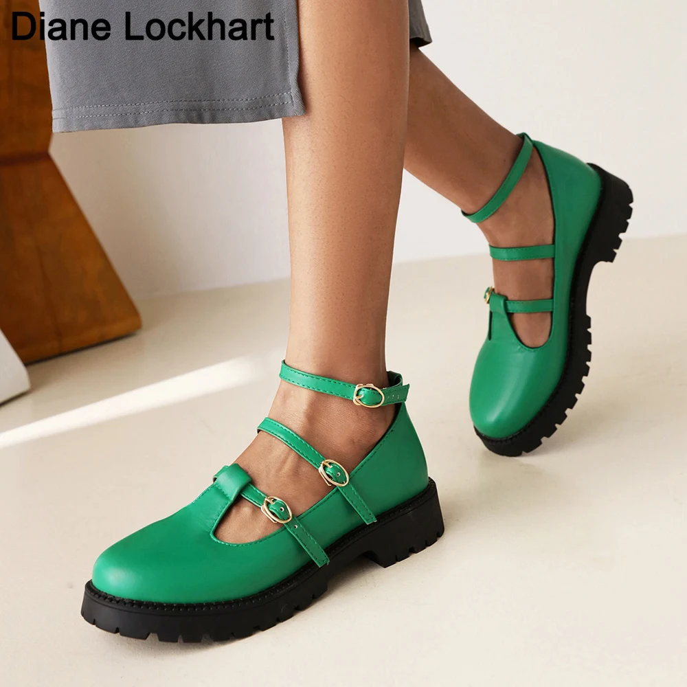 Literary Retro Lolita Women Flats Mary Janes Shoes Round Toe Student Girl Platform T-Strap Buckle Bullock Shoes Green